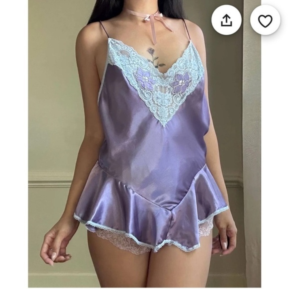 Vintage Purple and Cream Chemise with Lace Accents 80s style Rare!
